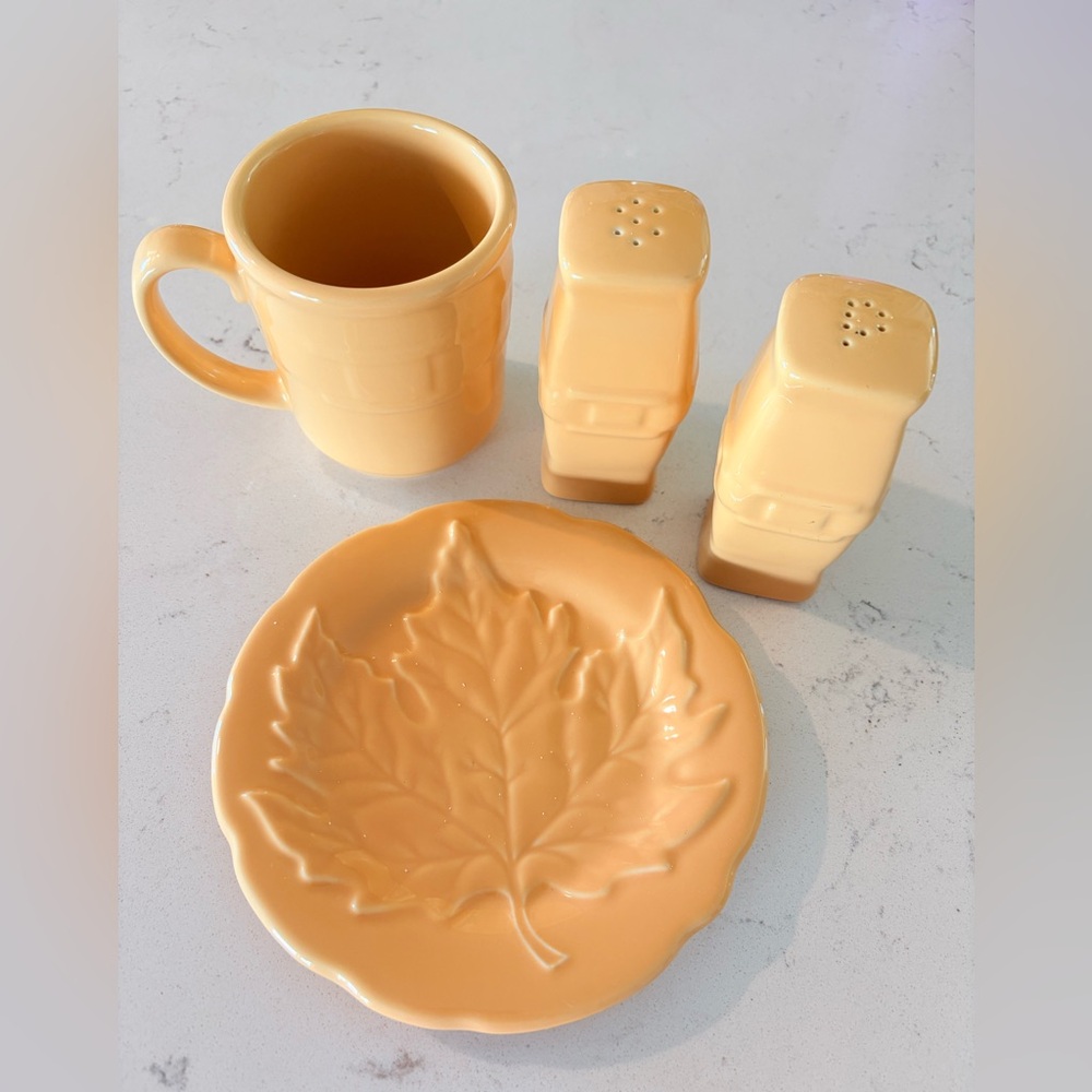 Longaberger Butternut Ceramic Salt & Pepper & Mug “Woven Traditions”& Leaf plate